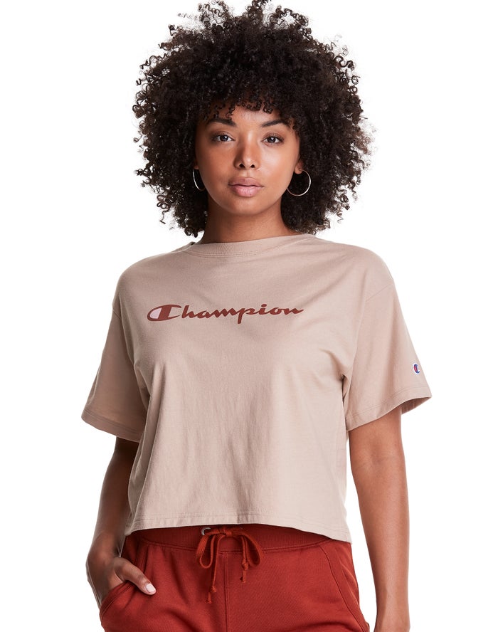 Champion Cropped Script Logo T-Shirt Dames - Khaki - Belgie 9468VEFKS